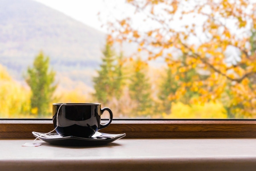 cup of tea in front of a bay window in fall representing the importance of indoor air quality|Shot inside an old train in autumn maples in Kyoto