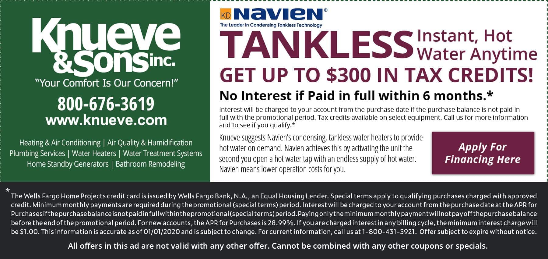 Knueve & Sons tankless water heater coupon for up to 0 in tax credits.