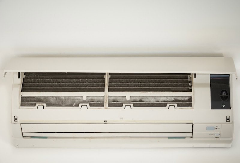 close up ice on coil cooler of air conditioner